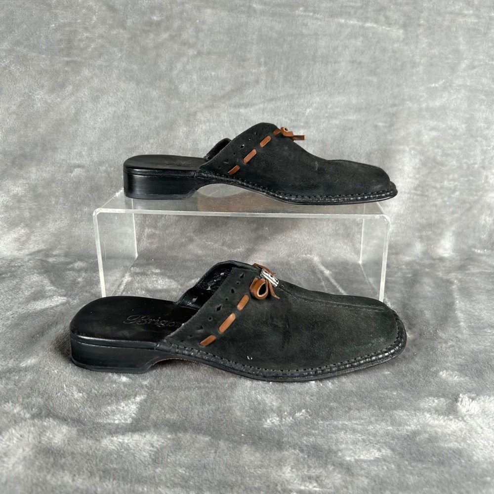 Brighton Napa Vintage Black Suede Mules Square Toe Leather Bow Shoes Womens 5M